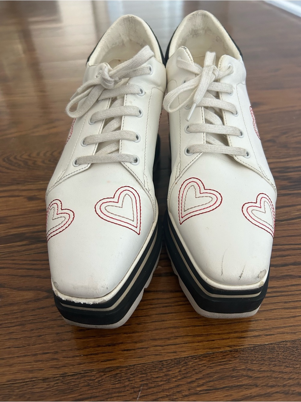 Stella McCartney White Platform Lace-Up Sneakers with Red Heart Accents - Picture 6 of 9